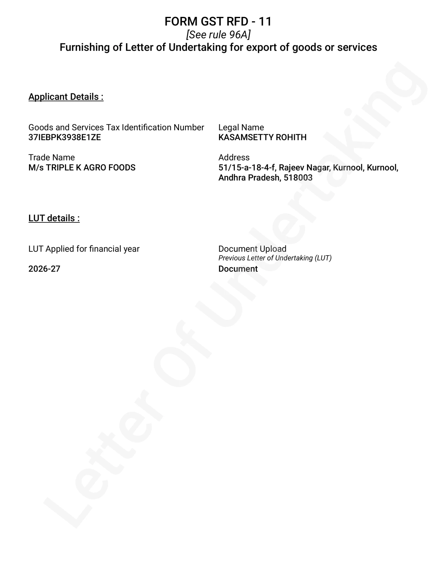 GST Letter of Undertaking (LUT) — page 1